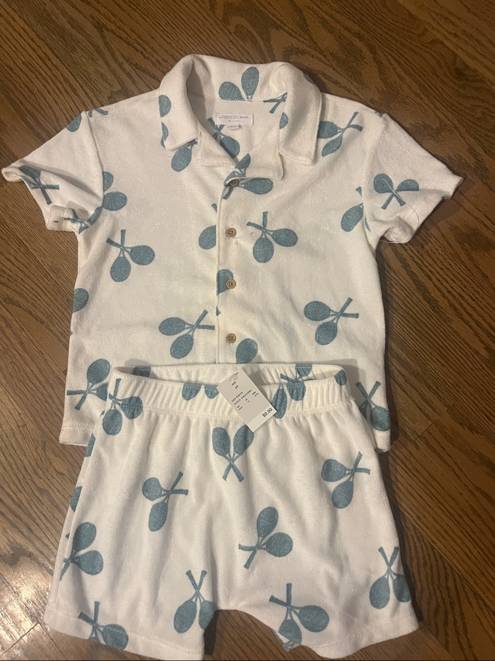 Grayson Mini 4T Terry Cloth Tennis Racket Print Shirt and Shorts Set Off White